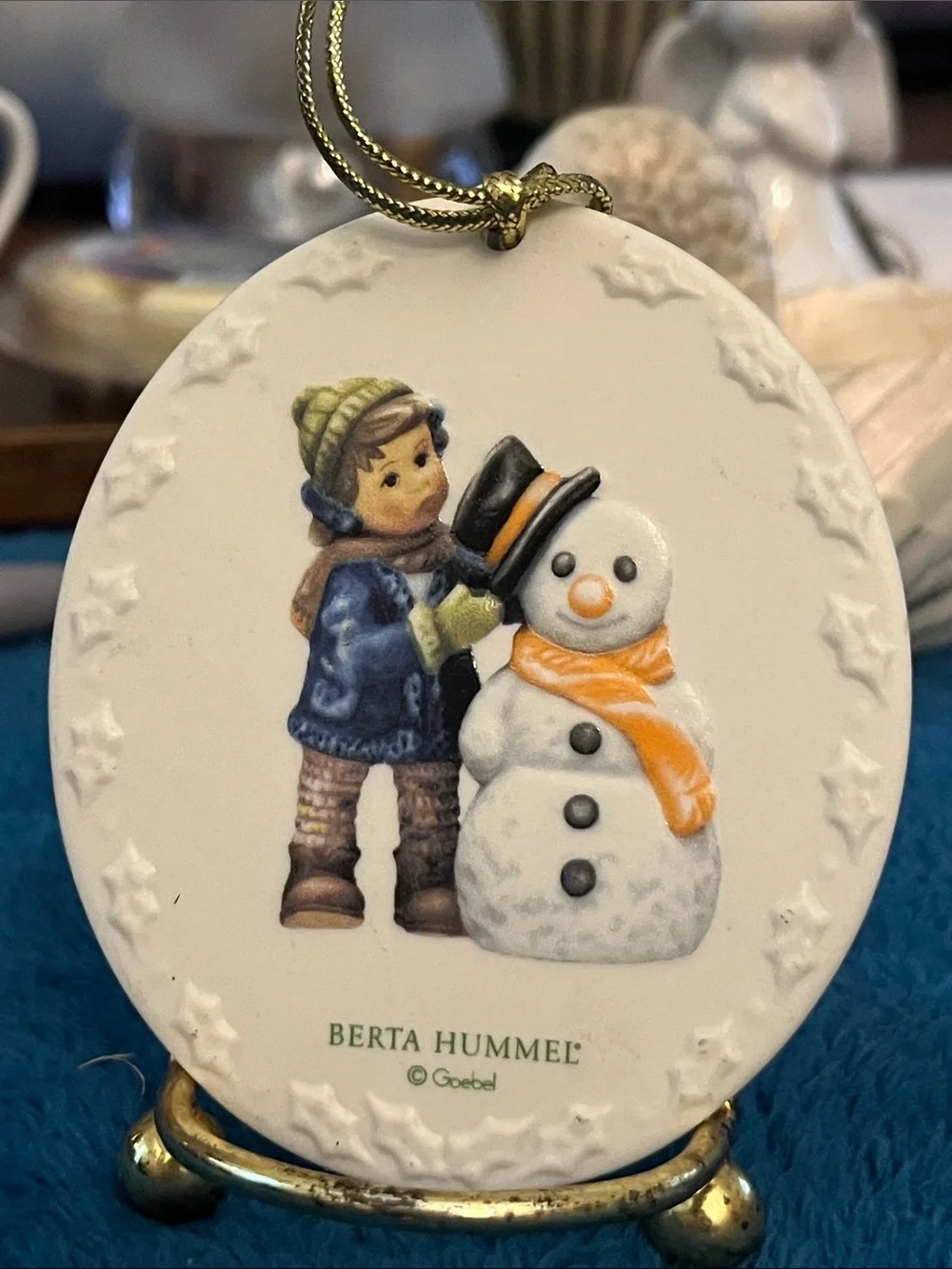 Berta Hummel White Ceramic Snowman Ornament with Orange Scarf 2002 023